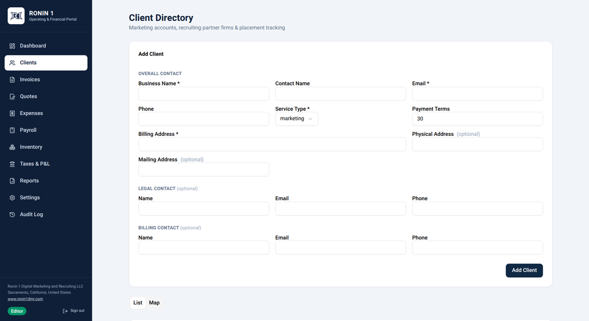 Ronin 1 Portal client directory screen